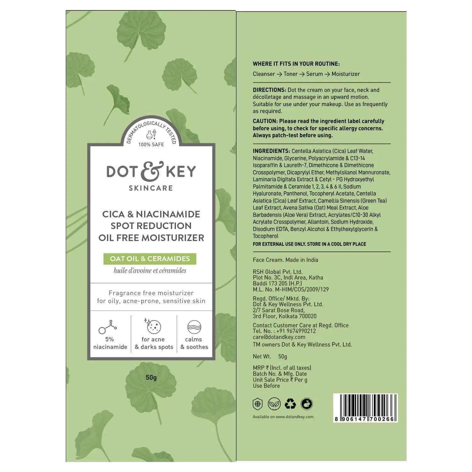 Dot & Key Niacinamide & Cica Oil-Free Moisturizer – 60ml | Soothes Redness, Fades Acne Marks & Dark Spots | For Oily, Acne-Prone & Sensitive Skin