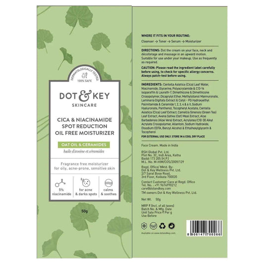 Dot & Key Niacinamide & Cica Oil-Free Moisturizer – 60ml | Soothes Redness, Fades Acne Marks & Dark Spots | For Oily, Acne-Prone & Sensitive Skin