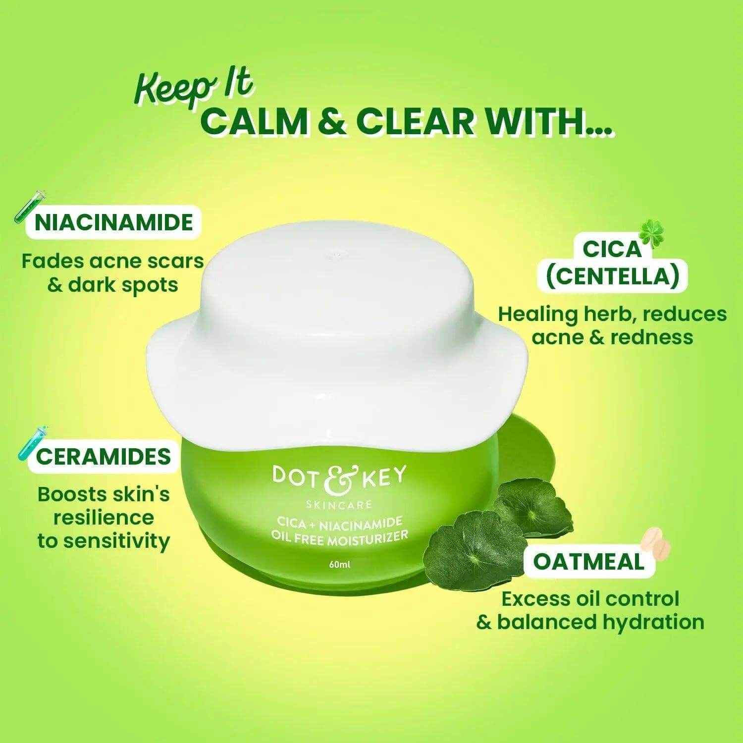 Dot & Key Niacinamide & Cica Oil-Free Moisturizer – 60ml | Soothes Redness, Fades Acne Marks & Dark Spots | For Oily, Acne-Prone & Sensitive Skin