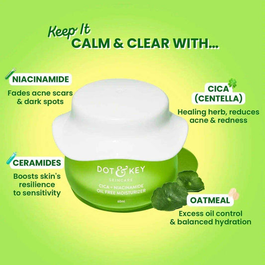 Dot & Key Niacinamide & Cica Oil-Free Moisturizer – 60ml | Soothes Redness, Fades Acne Marks & Dark Spots | For Oily, Acne-Prone & Sensitive Skin