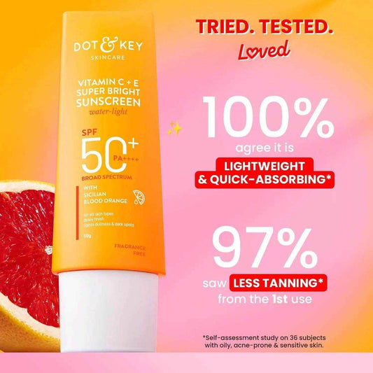 Dot & Key Vitamin C + E Super Bright Sunscreen SPF 50 – 80g | Lightweight, No White Cast | Broad Spectrum + Blue Light Protection | Glowing, Even-Toned Skin