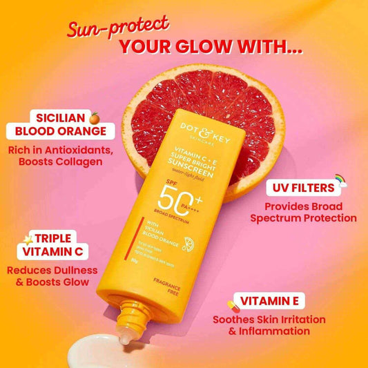 Dot & Key Vitamin C + E Super Bright Sunscreen SPF 50 – 80g | Lightweight, No White Cast | Broad Spectrum + Blue Light Protection | Glowing, Even-Toned Skin