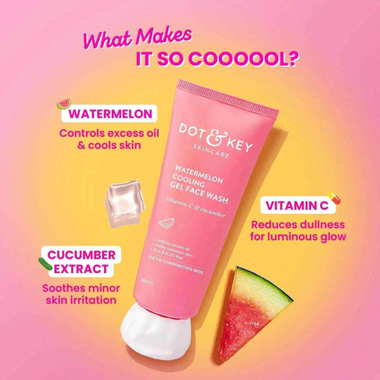 Dot & Key Watermelon Cooling Gel Face Wash – 100ml | Vitamin C & Cucumber | Oil-Free Cleanser for Oily & Combination Skin | Removes Dirt, Brightens Skin