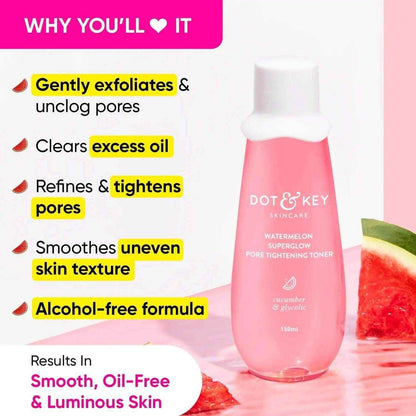Dot & Key Watermelon SuperGlow Face Toner – 150ml | Glycolic Acid & Watermelon | Pore Tightening & Skin Brightening | Alcohol-Free | For All Skin Types