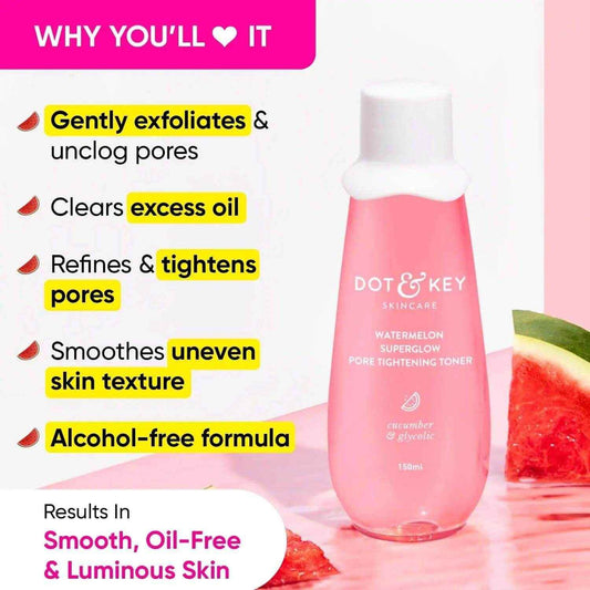 Dot & Key Watermelon SuperGlow Face Toner – 150ml | Glycolic Acid & Watermelon | Pore Tightening & Skin Brightening | Alcohol-Free | For All Skin Types