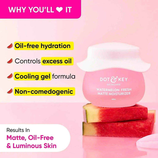 Dot & Key Watermelon Superglow Matte Moisturizer – 60ml | Oil-Free Gel for Oily Skin | Hydrates, Plumps & Controls Excess Oil | With Glycolic Acid
