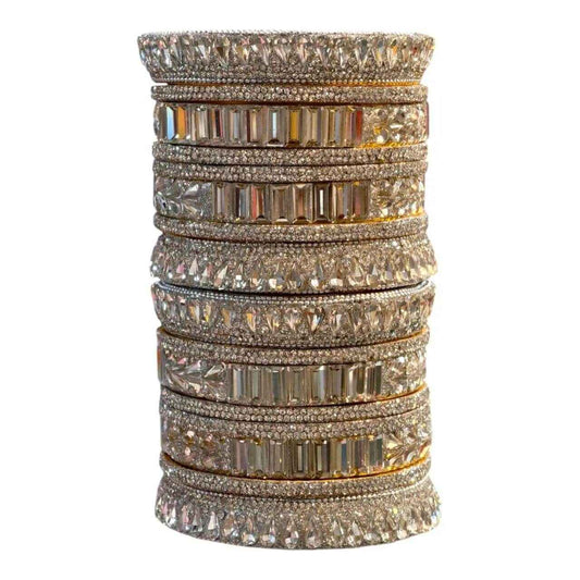 Elegant Crystal Bridal Bangles Set - Premium White - Gehnasale