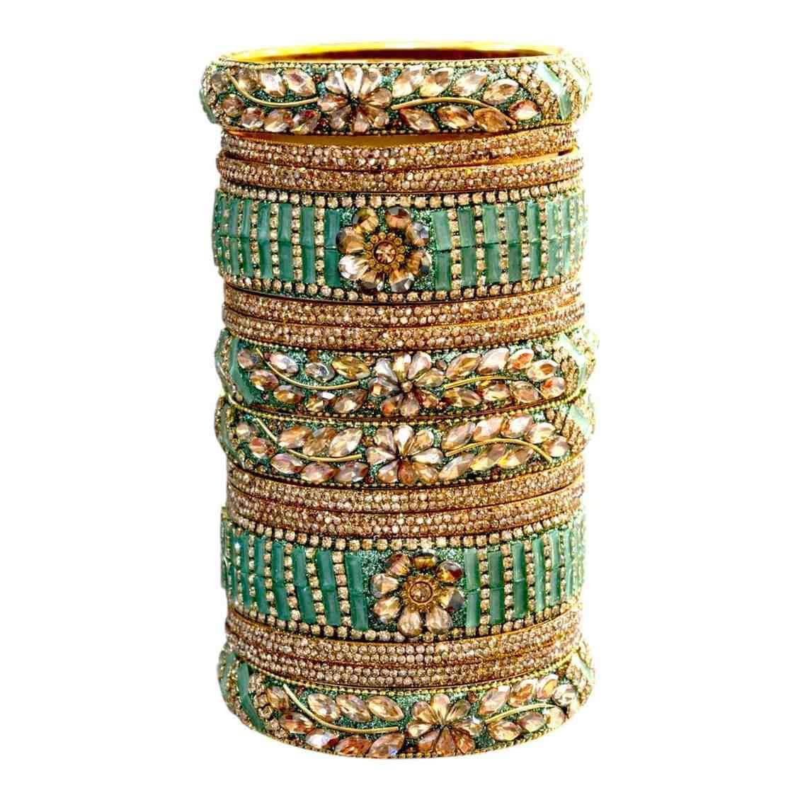 Elegant Green & Gold Embellished Bangles Set – Perfect for All Occasions - Gehnasale