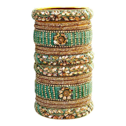 Elegant Green & Gold Embellished Bangles Set – Perfect for All Occasions - Gehnasale