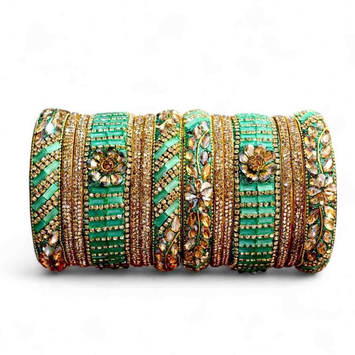 elegant green & gold embellished bangles set – perfect for all occasions - gehnasale