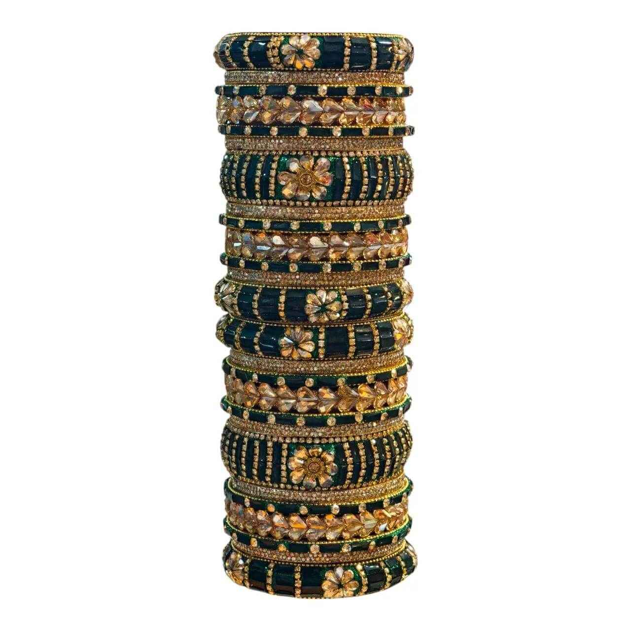 Elegant Green Gold Stone Bangles Set – 26 Pcs - Gehnasale