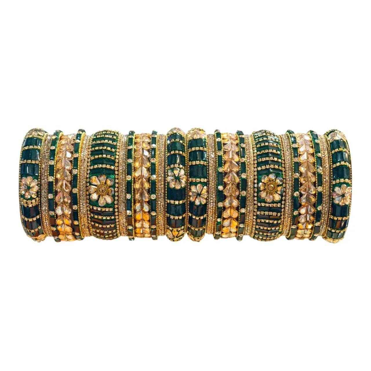Elegant Green Gold Stone Bangles Set – 26 Pcs - Gehnasale