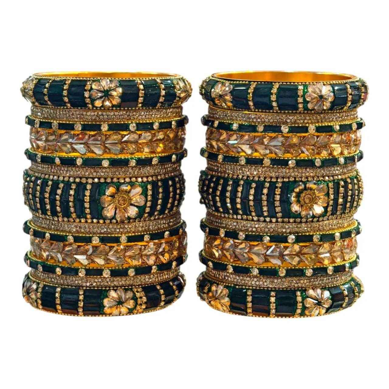 Elegant Green Gold Stone Bangles Set – 26 Pcs - Gehnasale