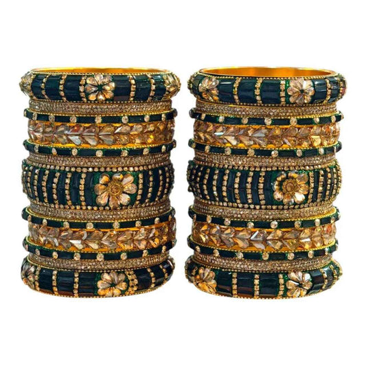 Elegant Green Gold Stone Bangles Set – 26 Pcs - Gehnasale