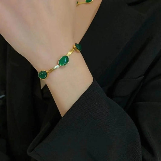 Elegant Green Stone Necklace, Bracelet & Earrings Set | Gold Plated Jewelry