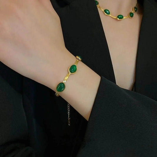 Elegant Green Stone Necklace, Bracelet & Earrings Set | Gold Plated Jewelry