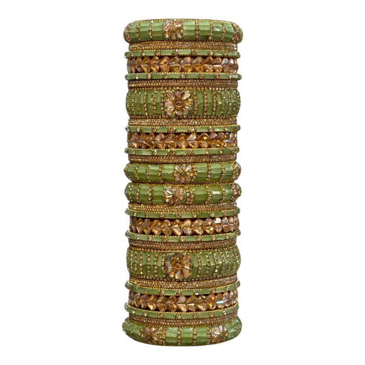 Elegant Parrot Green Bridal Bangles Set with Stone Embellishments - Gehnasale