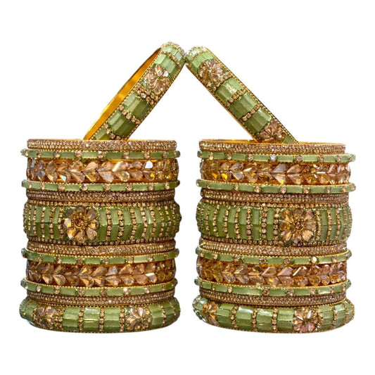 Elegant Parrot Green Bridal Bangles Set with Stone Embellishments - Gehnasale
