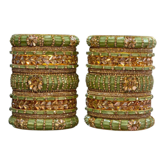 Elegant Parrot Green Bridal Bangles Set with Stone Embellishments - Gehnasale