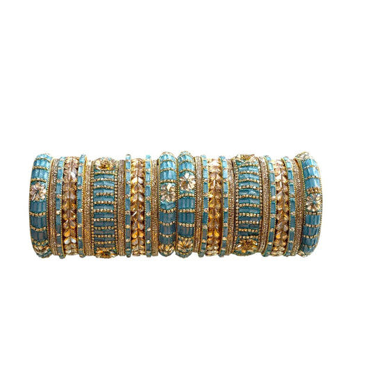 Elegant Turquoise and Gold Designer Bangle Set - Traditional Jewelry - Gehnasale