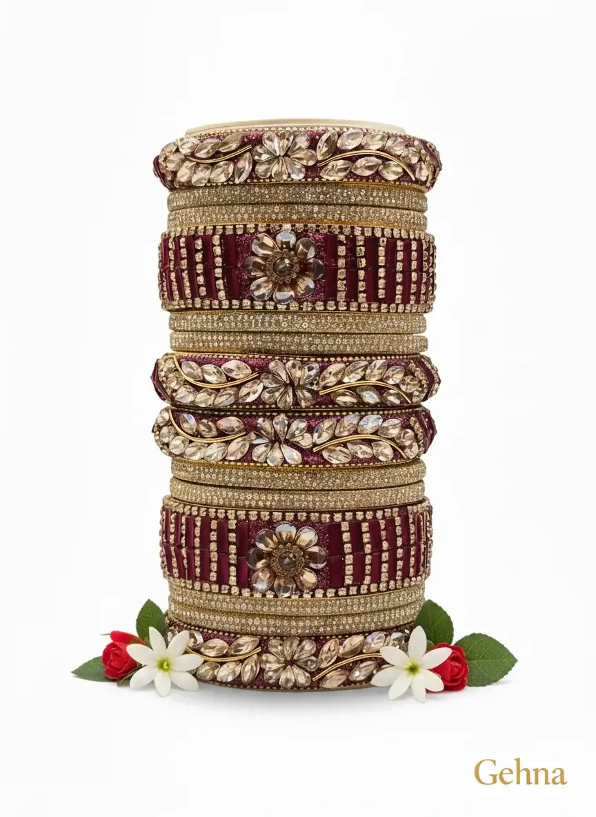 Maroon Golden Floral Stone Bangles Set – Bridal & Traditional Party Jewelry stacked elegantly with floral motifs.