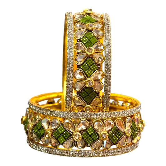 Exquisite Green Designer Bangles with Stonework – Elegant Floral Design for Special Occasions