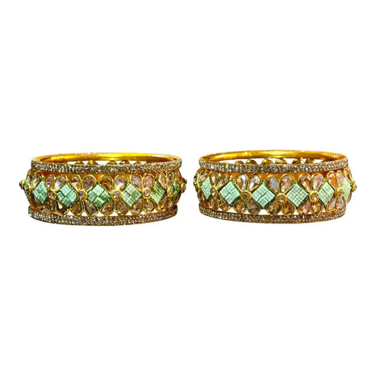 Exquisite Green Designer Bangles with Stonework – Elegant Floral Design for Special Occasions
