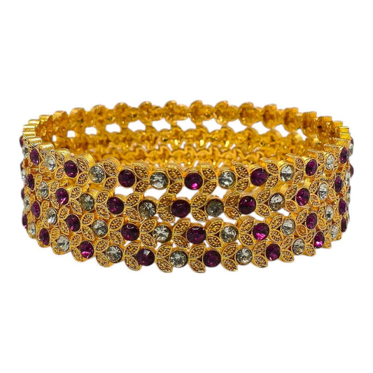 Gold-Plated Pink & White Stone Floral Bangles Set