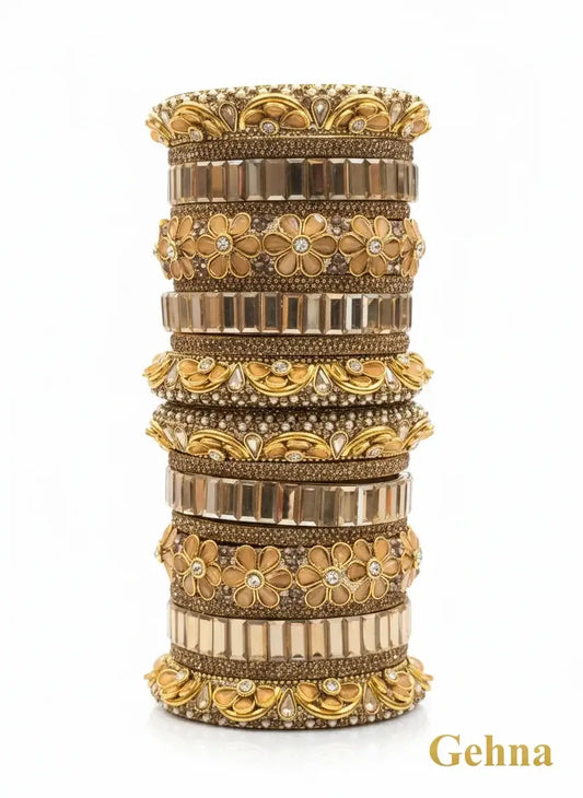 Golden Bridal Floral Bangles – Premium Traditional Ethnic Jewellery by Gehna, showcasing exquisite floral motifs and stonework.