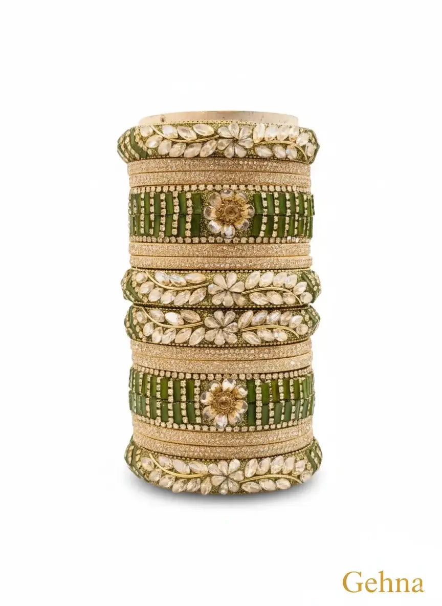 green bridal chuda set for wedding | gehna featuring sparkling stones and floral detailing.
