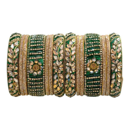 Green Gold Stone Embellished Bridal Bangles Set – Elegant Design - Gehnasale