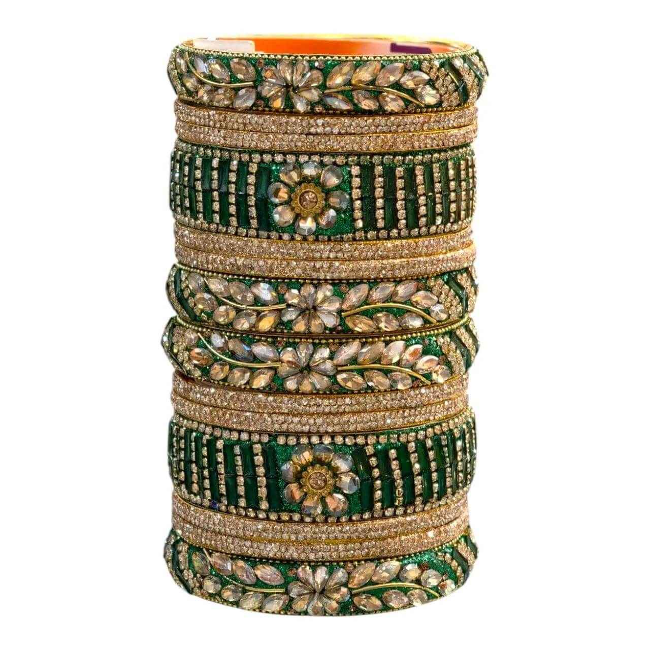 green gold stone embellished bridal bangles set – elegant design - gehnasale