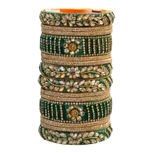 Green Gold Stone Embellished Bridal Bangles Set – Elegant Design - Gehnasale