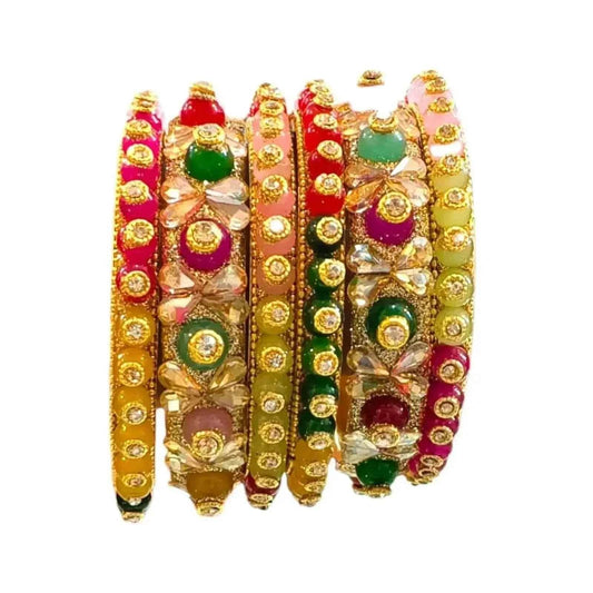 Handcrafted Multicolor Stone and Crystal Bangles Set - Traditional Indian Bridal Jewelry