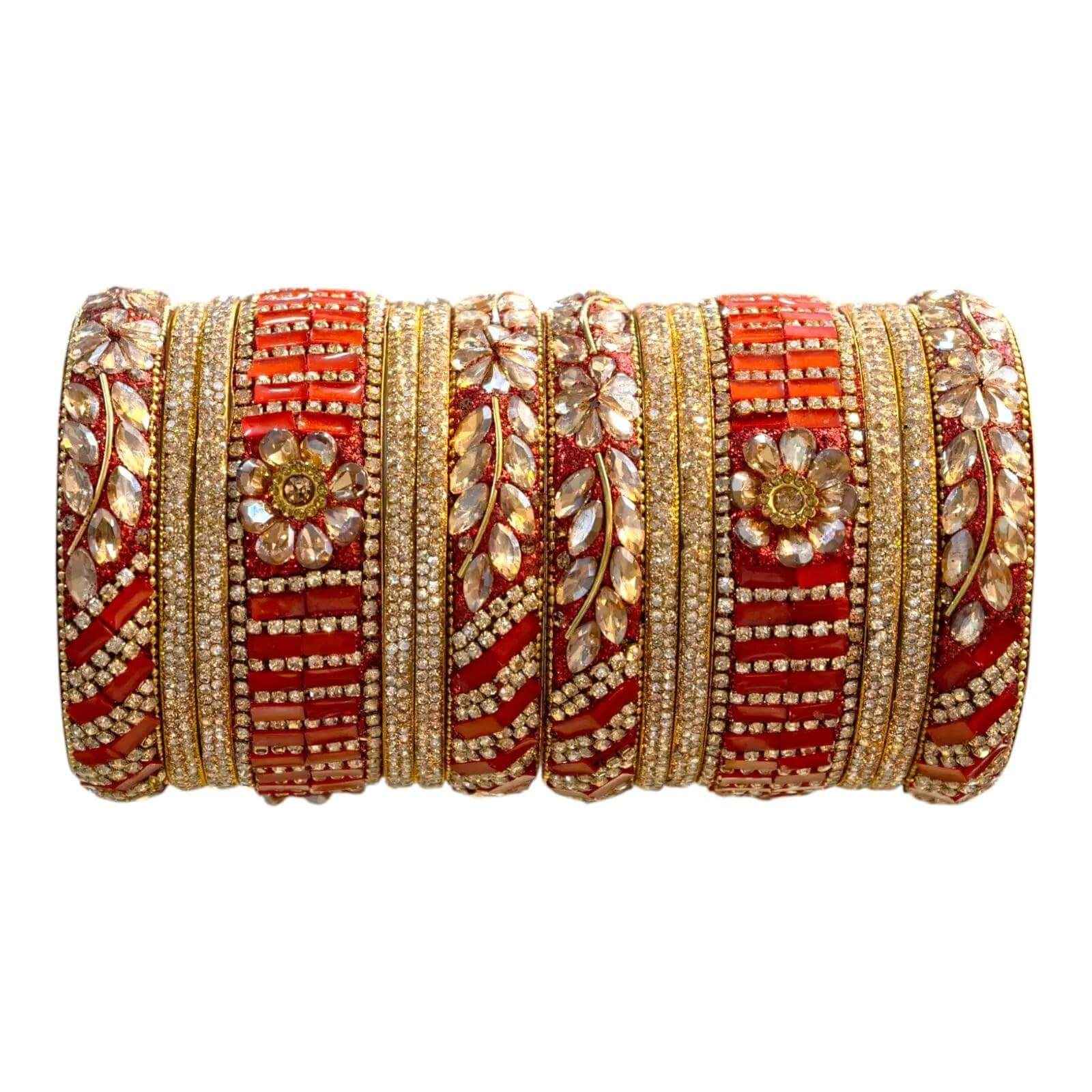 Handcrafted Red & Gold Bridal Bangles Set | Premium Floral & Crystal Design for Weddings & Festive Occasions - Gehnasale