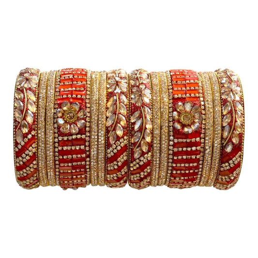 Handcrafted Red & Gold Bridal Bangles Set | Premium Floral & Crystal Design for Weddings & Festive Occasions - Gehnasale