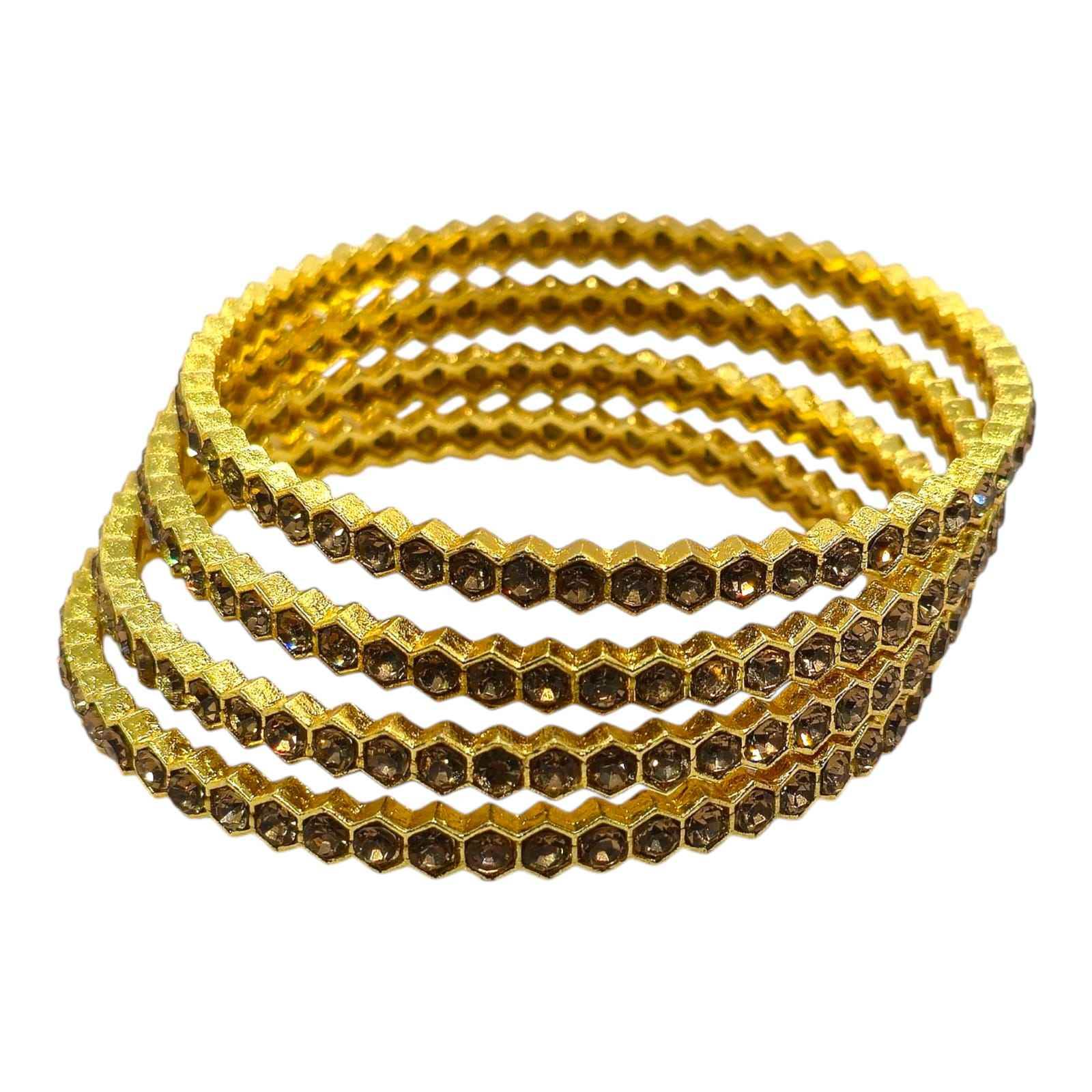 hexagon Gold-Plated Crystal Bangles Set with Brown Crystals