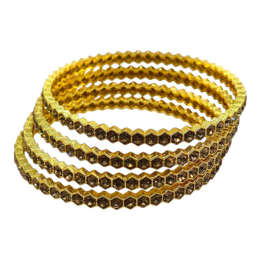 hexagon Gold-Plated Crystal Bangles Set with Brown Crystals