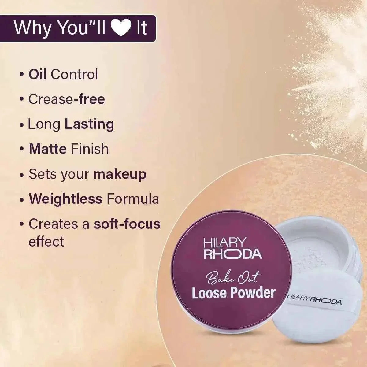 hilary rhoda bake out loose powder - matte finish & oil control, hides imperfections, 10g (translucent - shade 01) - gehnasale