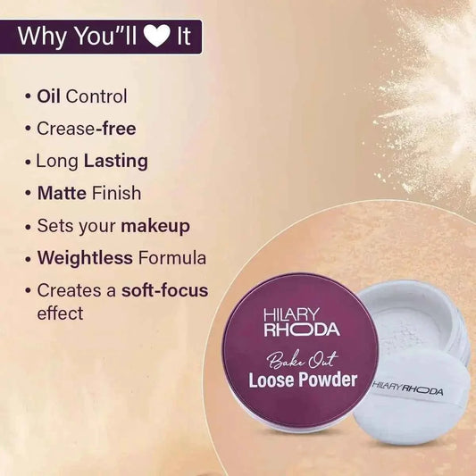 Hilary Rhoda Bake Out Loose Powder - Matte Finish & Oil Control, Hides Imperfections, 10g (Translucent - Shade 01) - Gehnasale