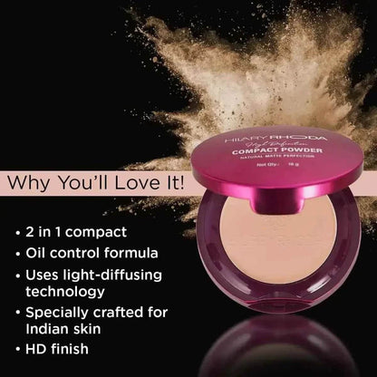 Hilary Rhoda HD High-Definition Pressed Powder - 2-in-1 Compact, Shimmery & Matte Finish, Oil Control, 18g (Buff Beige - Shade 03)