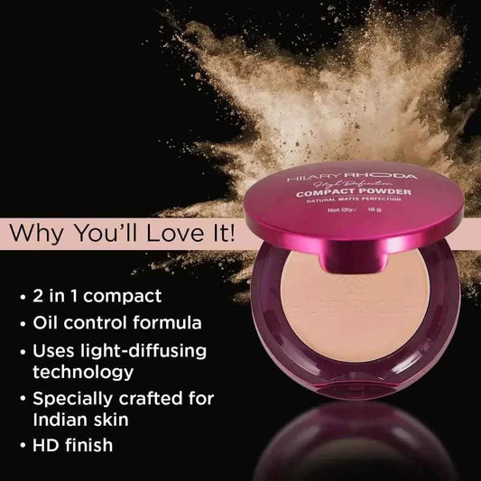 Hilary Rhoda HD High-Definition Pressed Powder - 2-in-1 Compact, Shimmery & Matte Finish, Oil Control, 18g (Buff Beige - Shade 03)