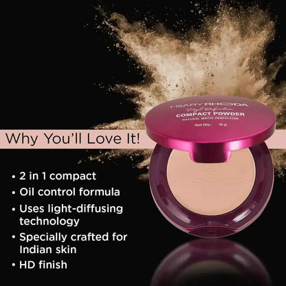 Hilary Rhoda HD High-Definition Pressed Powder - 2-in-1 Compact, Shimmery & Matte Finish, Oil Control, 18g (My Ivory - Shade 01) - Gehnasale