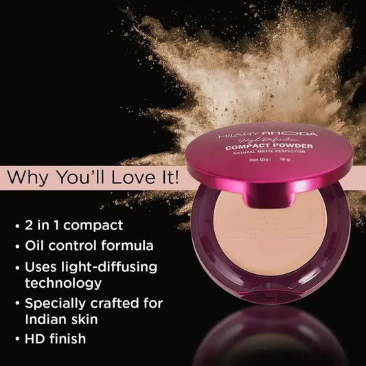Hilary Rhoda HD Pressed Powder - 2-in-1 Compact, Oil Control, 18g (Vanilla - Shade 02) - Gehnasale