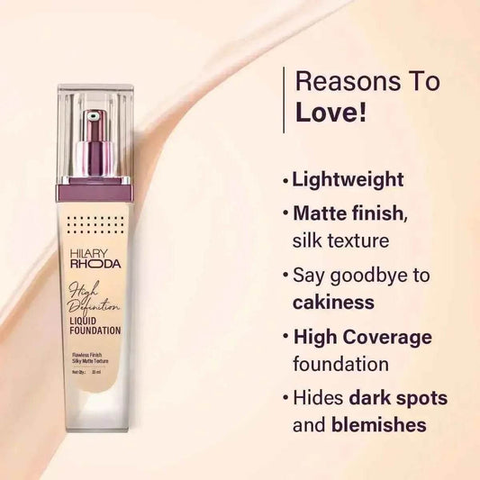 Hilary Rhoda High Definition Foundation - Full Coverage, Matte Finish, Hides Pores & Blemishes, 33ml (Rose Blush | Shade 02)