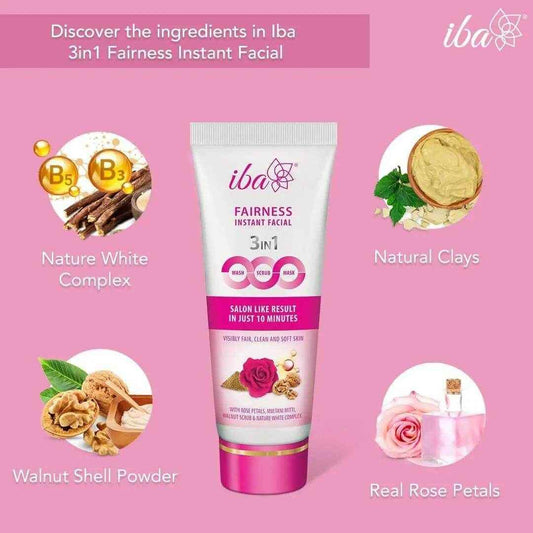 Iba 3-in-1 Face Wash, Scrub & Mask – Instant Fairness Facial with Rose, Multani Mitti & Walnut (100g) | Tan Removal, Glow Boost | Halal & Vegan