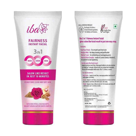 Iba 3-in-1 Face Wash, Scrub & Mask – Instant Fairness Facial with Rose, Multani Mitti & Walnut (100g) | Tan Removal, Glow Boost | Halal & Vegan