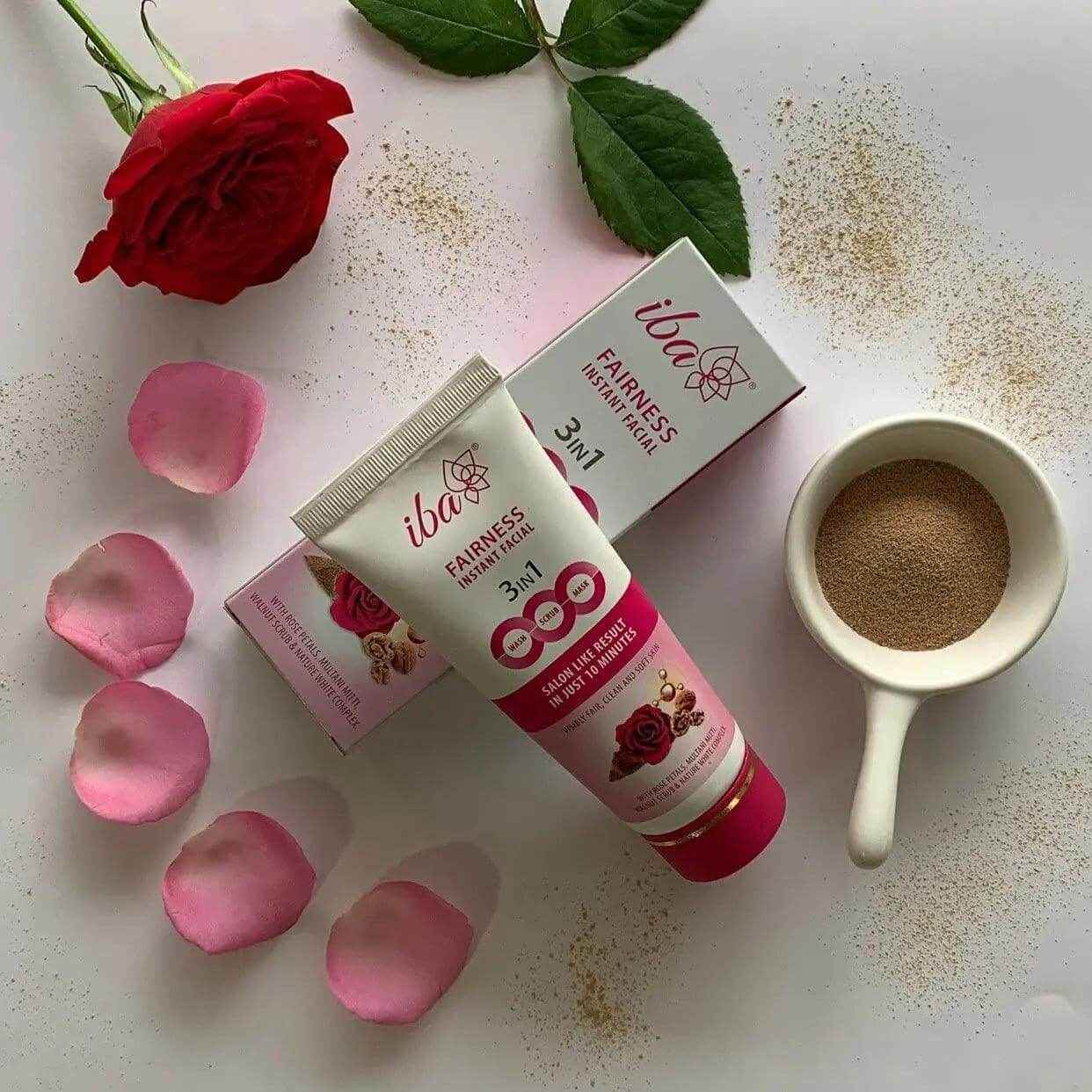 iba 3-in-1 face wash, scrub & mask – instant fairness facial with rose, multani mitti & walnut (100g) | tan removal, glow boost | halal & vegan