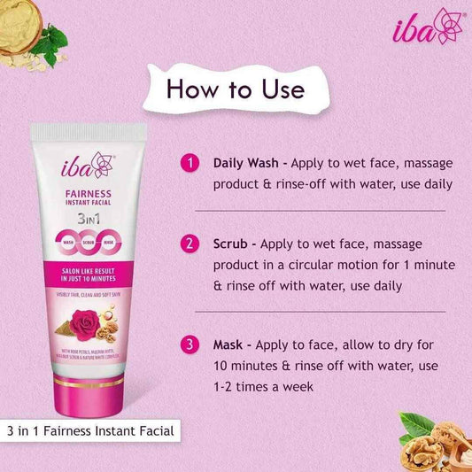 Iba 3-in-1 Face Wash, Scrub & Mask – Instant Fairness Facial with Rose, Multani Mitti & Walnut (100g) | Tan Removal, Glow Boost | Halal & Vegan