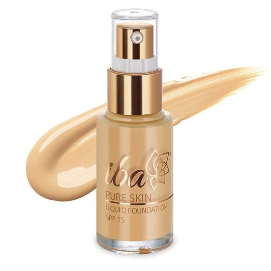Iba Pure Skin Liquid Foundation – Sun Beige (30ml) | Full Coverage | Long Lasting, Oil-Free & Lightweight | Dewy Finish with SPF 15 | Halal & Vegan